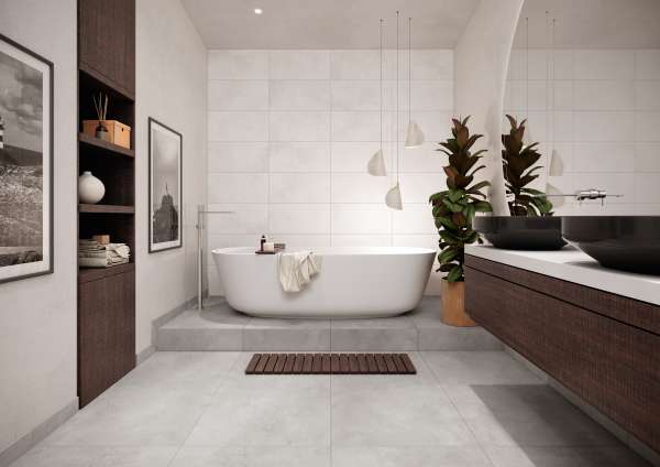 Sento Blossom Bad WF 30x60 pale white BF 60x120 concrete grey HF1